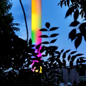 Leuchtende, vertikale Lichtskulptur in Regenbogenfarben, umgeben von Bäumen und Sträuchern.