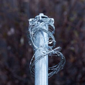 Auf der Nahaufnahme ist die Spitze einer Metallstange zu sehen, um die sich mehrere verdrillte, silbrig glänzende Drahtstücke winden.