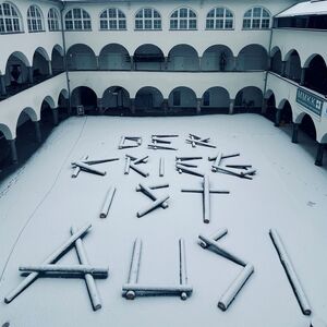 Es liegen beschneite Holzbalken in einem  Innehof, die den Schriftzug "Der Krieg ist aus!" bilden.